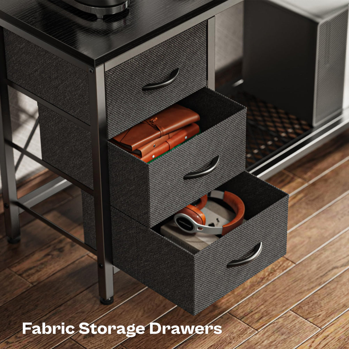 Reversible L Shaped Computer Desk with Drawers, Gaming Desk with LED Lights and Power Outlets, Office Desk with Storage Shelves, for Home & Office, Black