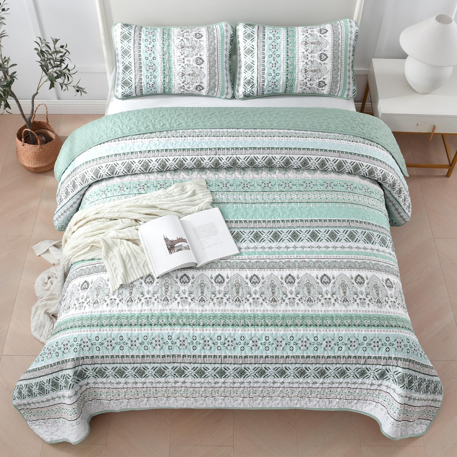 Boho Quilt Set Queen Size,3 Piece Mint Green Bohemian Striped Bedspread Coverlet Set