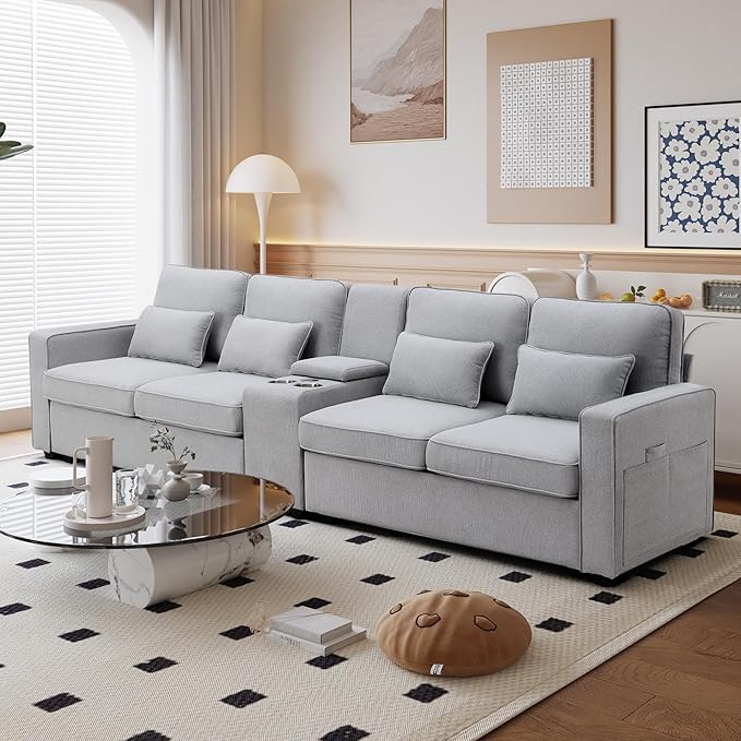 Modern 4 Seater Sofa with Sturdy Plastic Legs, Modern Linen Fabric Sofa