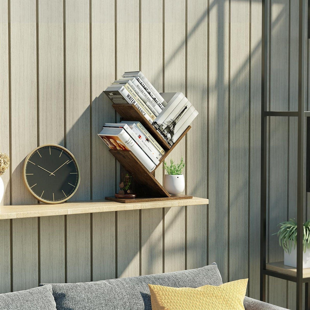 R RUISHENG 3 Tier Small Tree Bookshelf Desk Book Organizer Narrow Bookcases for Books Magazines CDs Free Standing Retro Wooden Storage Shelves for Home Office Bedroom Living Room Rustic Brown