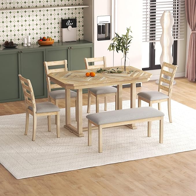 6, Rectangular Dining Table with Upholstered Chairs and Bench, 6-Piece Table Set for Dining Room and Kitchen, Retro Dining