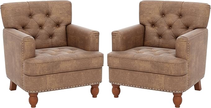 Faux Leather Accent Chair Set of 2, Upholstered Button Tufted Armchair Club Reading