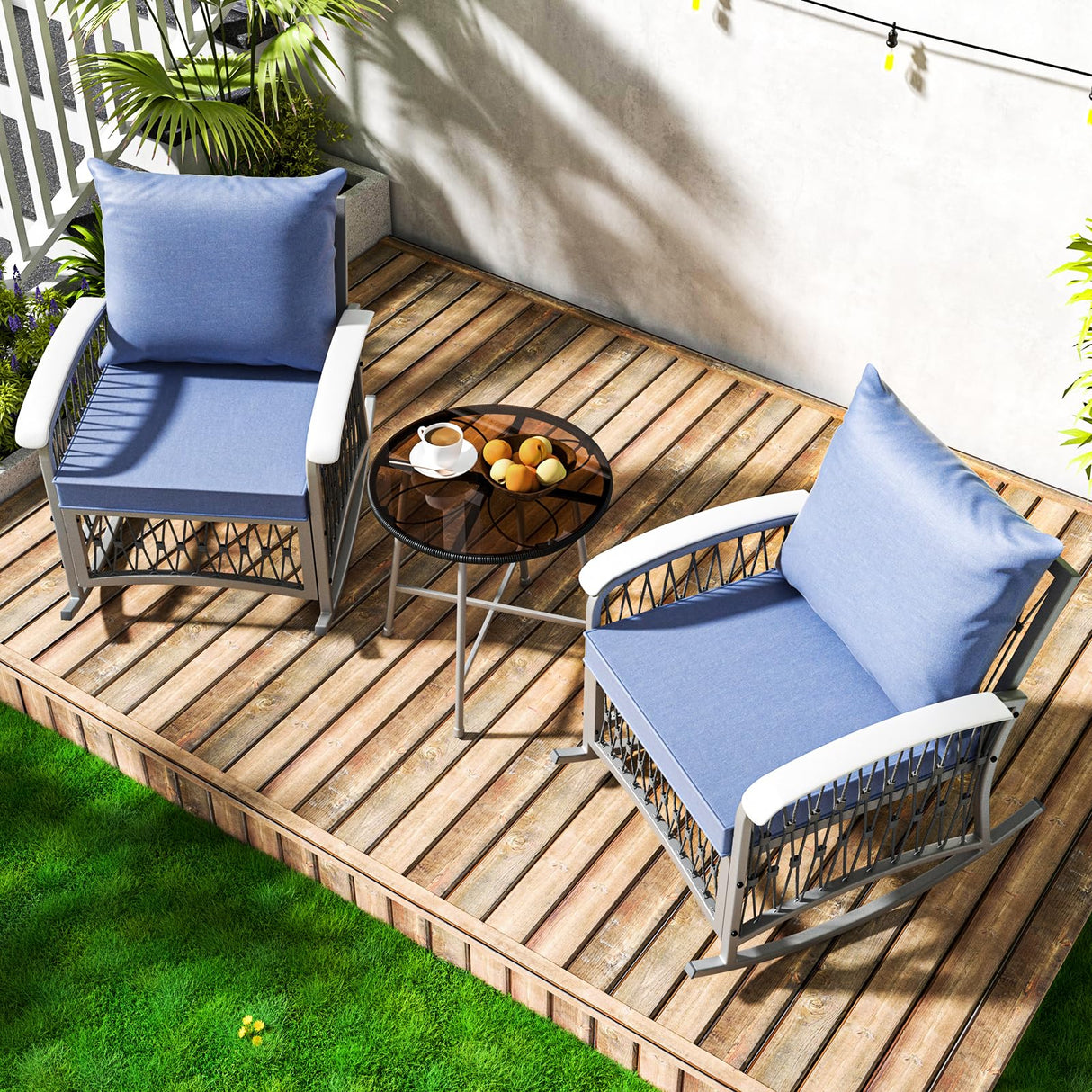 Outdoor Rocking Chairs Patio Bistro Set - 3 Piece with Glass Table & Cushions