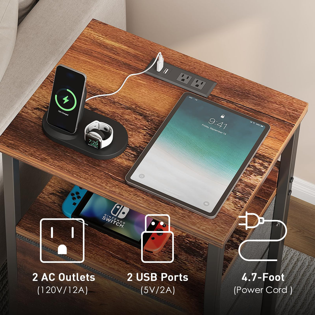 Nightstand with Charging Station,End Table with LED Light for Bedroom