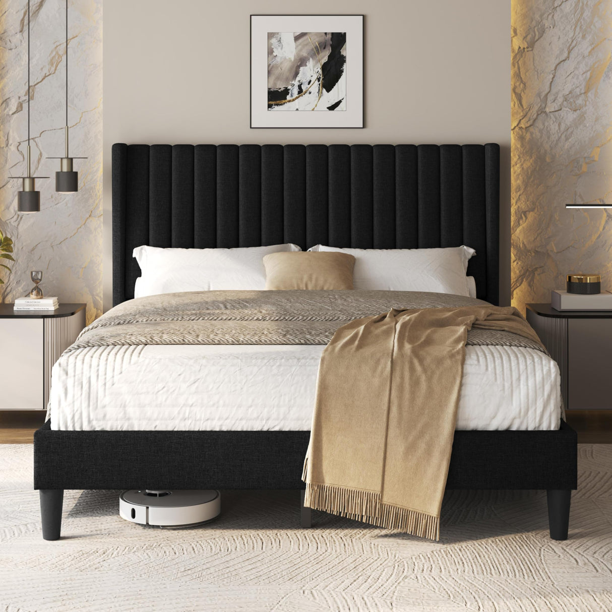 Queen Upholstered Platform Bed Frame with Fabric Headboard - Black