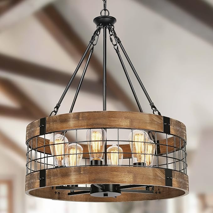 4-Light Rustic Chandelier for Entryway, Round Farmhouse Light Fixtures for Dining Room