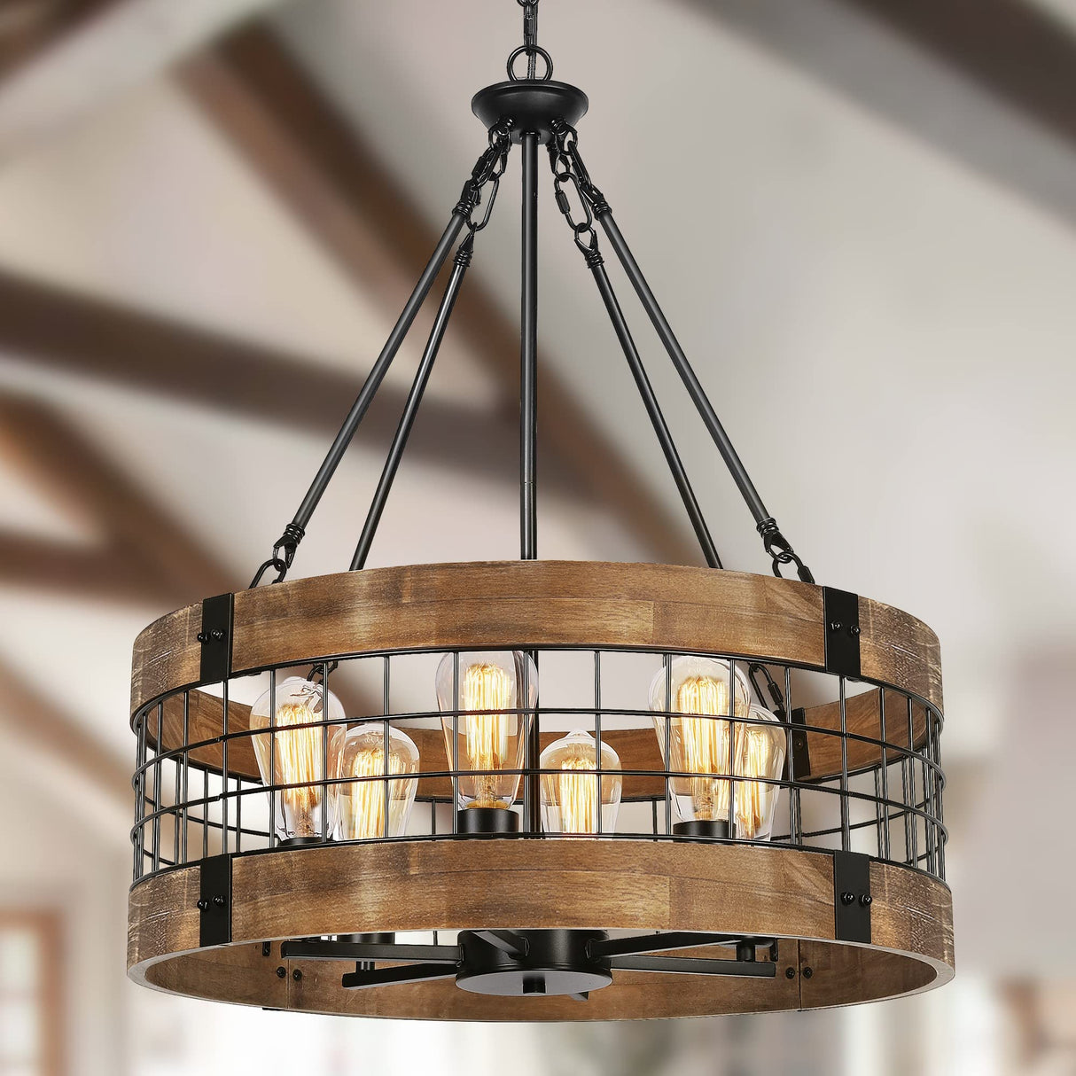 6-Light Farmhouse Wood Chandelier for Dining Room, Rustic Foyer Light Fixtures