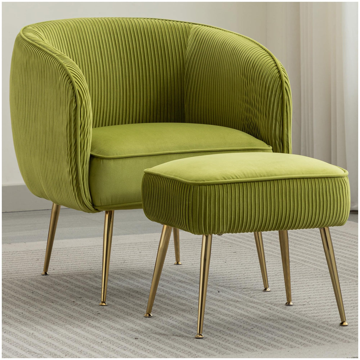 Velvet Accent Chair with Ottoman Set Modern Barrel Arm Upholstered Single Sofa