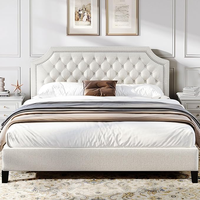 King Size Bed Frame with Headboard, Grey Linen Upholstered Platform Bed Frame