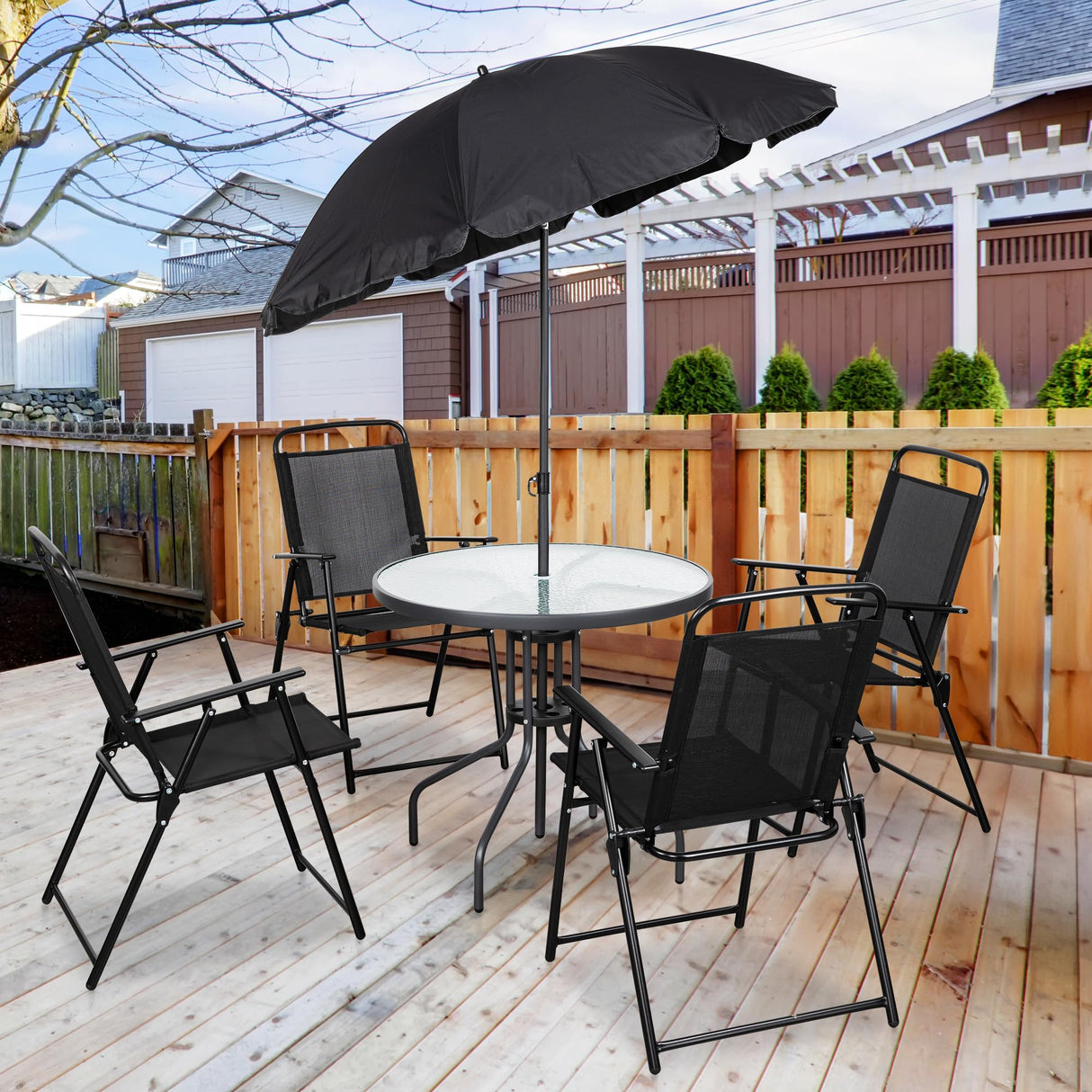 6 Piece Patio Dining Set with Umbrella, Outdoor Furniture Set with 4 Folding Chairs