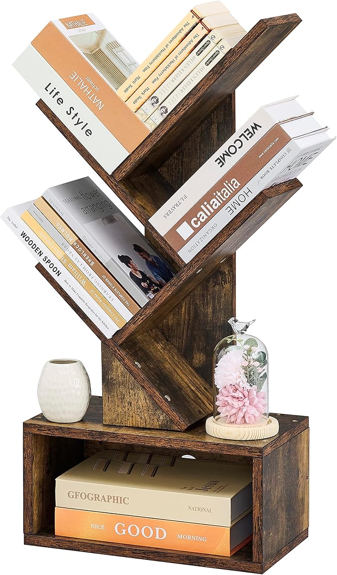 6 Tier Tree Bookshelf, Tall Bookcase with Drawer, Freestanding Book Shelf