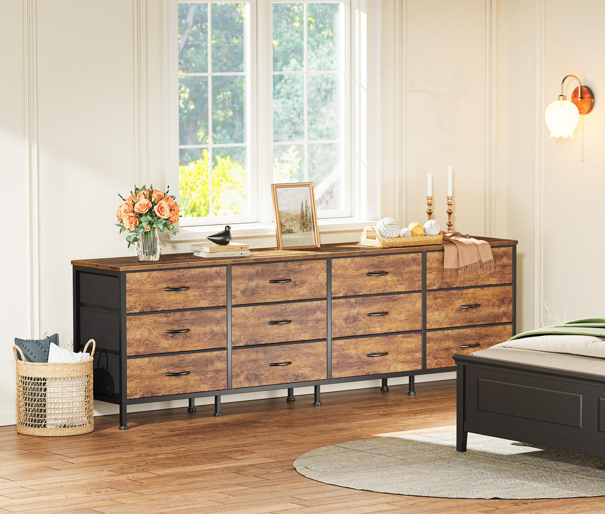 70 Inch Dresser for Bedroom, TV Stand for 65, 75, 80 Inch TV, 12 Fabric Drawer Long