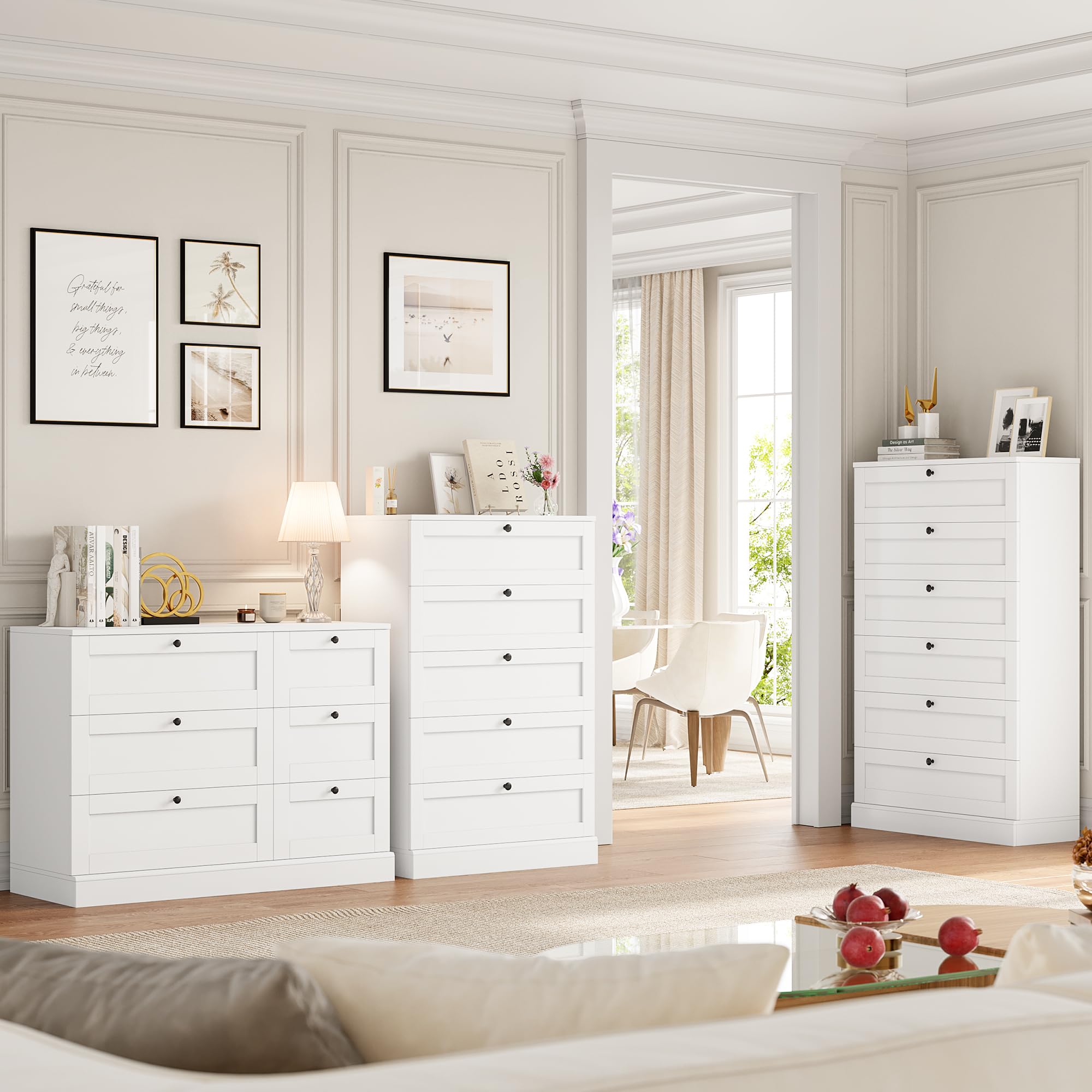 HOSTACK 6 Drawer Dresser, White Dresser for Bedroom, Wood Chest of Drawers, Wide Double Dresser, Modern Drawer Chest for Living Room, Entryway, Hallway, White