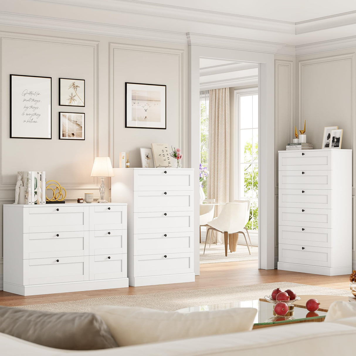 HOSTACK 6 Drawer Dresser, White Dresser for Bedroom, Wood Chest of Drawers, Wide Double Dresser, Modern Drawer Chest for Living Room, Entryway, Hallway, White