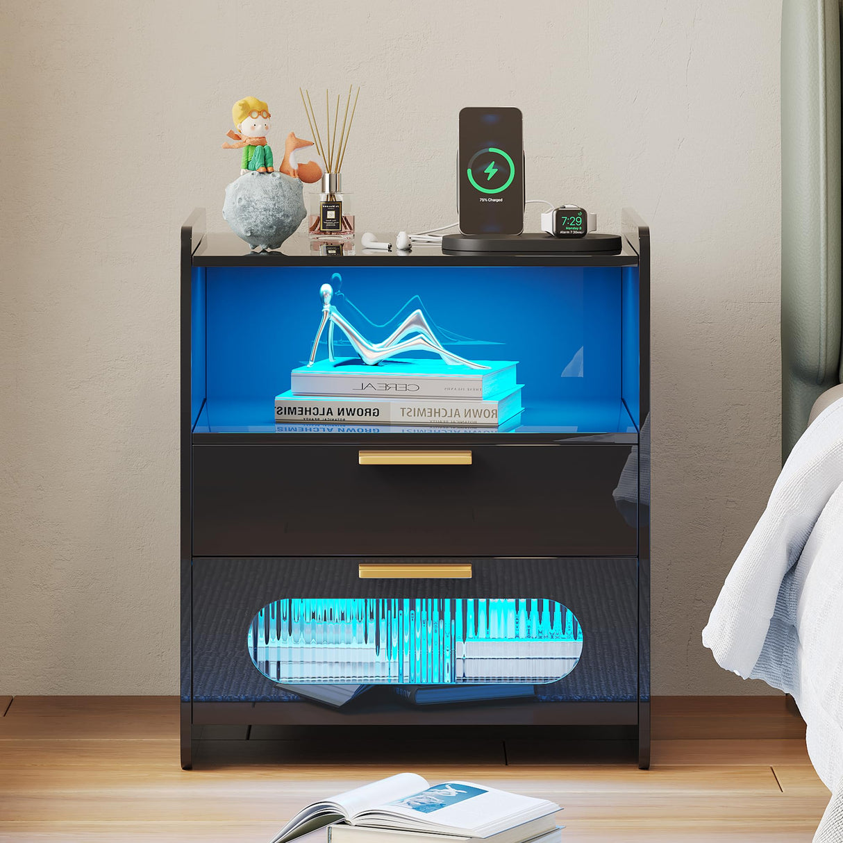 Nightstand with Charging Station, Modern Bedside Table with Jewelry Storage Drawers,