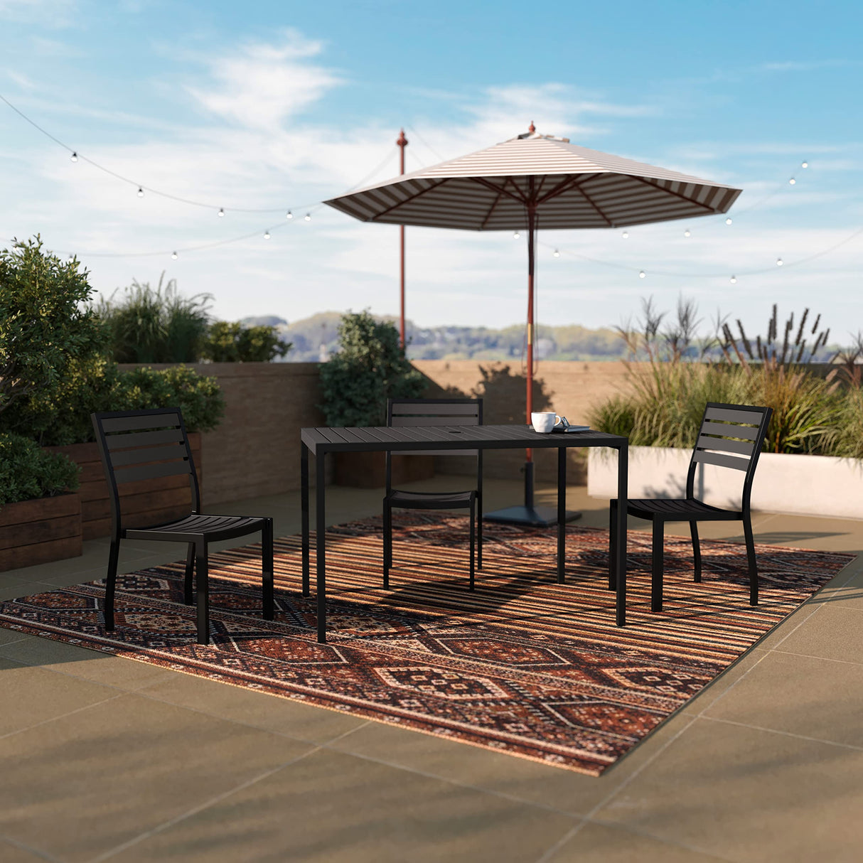 30x48 Outdoor Dining Table with Umbrella Hole - Gray Wash Teak Poly Slats