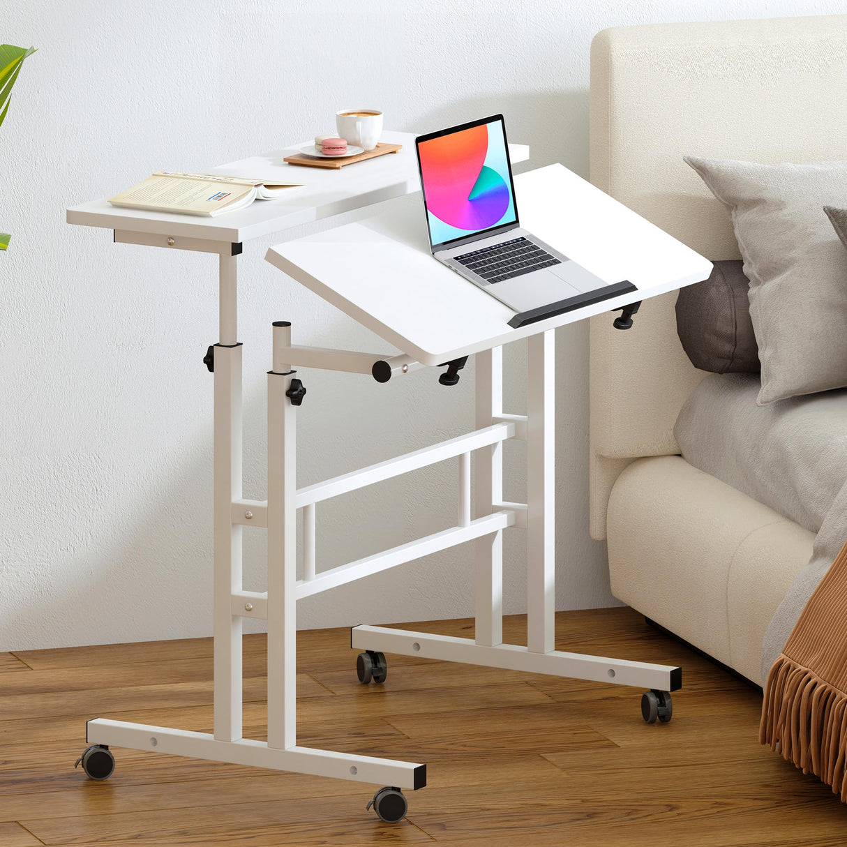 Mobile Standing Desk, Adjustable Laptop Desk with Wheels, Portable Home Office Workstation, Rolling Table Laptop Cart for Standing or Sitting, White
