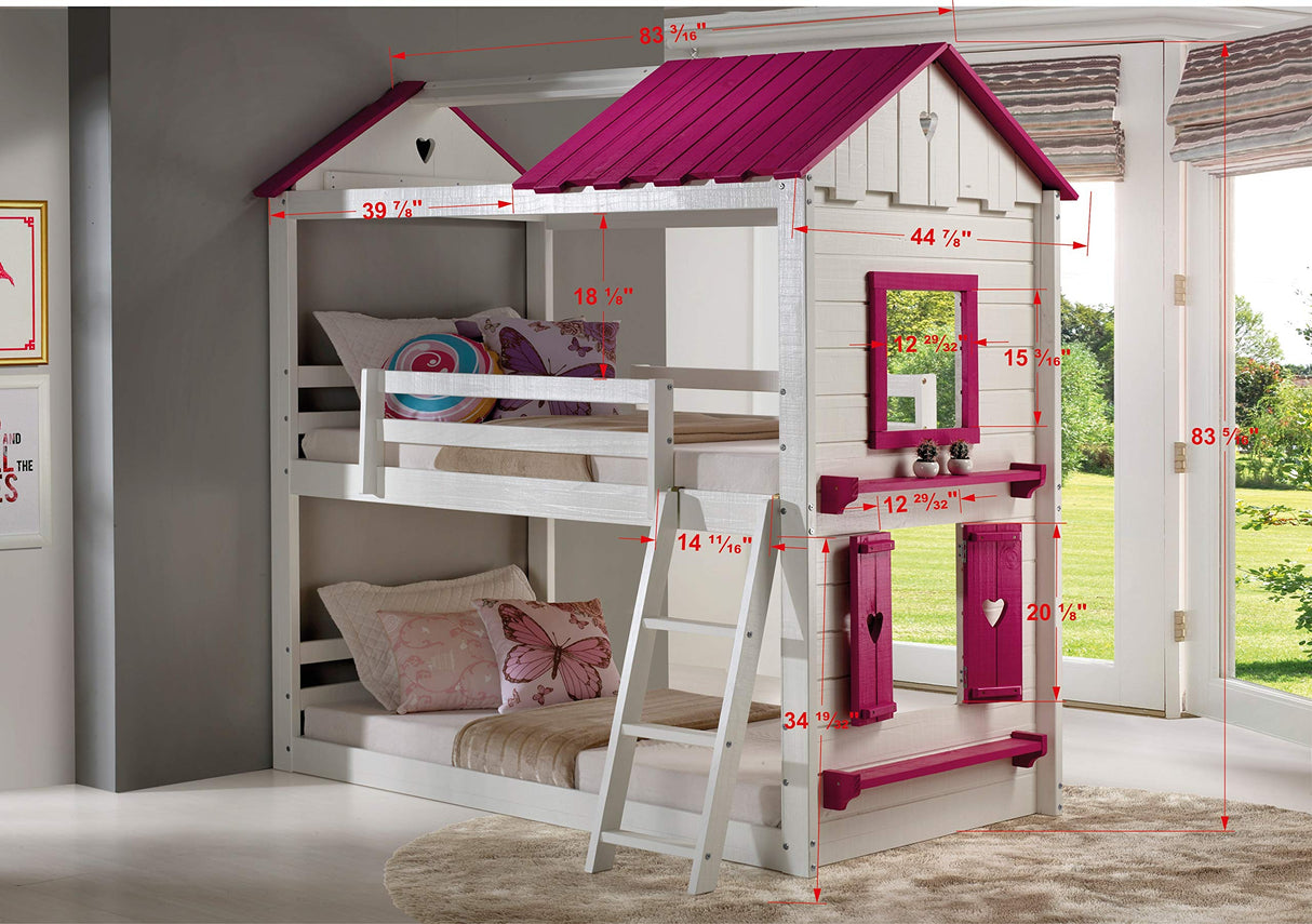 Sweet Heart Novelty Twin Over Twin Bunkbed in White & Pink Finish with Pink Tent