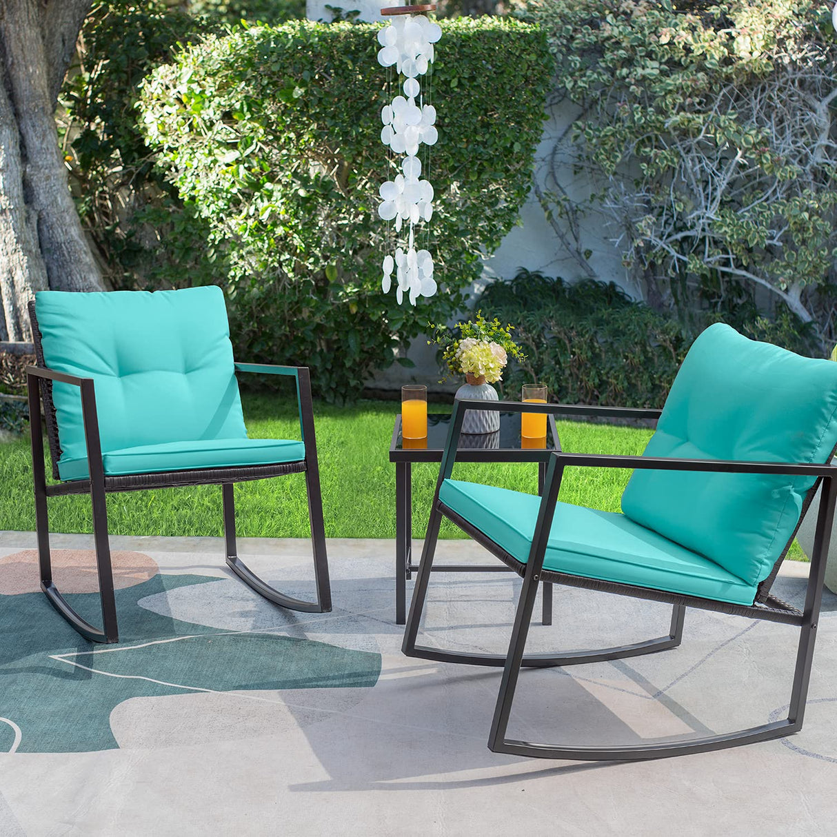 3-Piece Blue Wicker Patio Sofa Set with Rocking Bistro Chairs