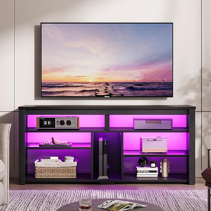 LED Tall Entertainment Center, 55/60/65 inch TV Stand with Storage for PS5 Xbox