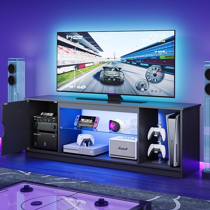 LED TV Stand for PS5,Modern Gaming Entertainment Center with Cabinet for 60/65 Inch TV