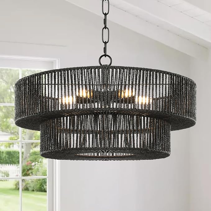 LamQee 22 Inch Farmhouse Rattan Chandeliers for Dining Room, 5 Lights Boho Chandelier Light Fixture with Hand Woven Wicker Shade, Large Rattan Pendant Lights Ceiling Hanging Lighting Kitchen Island