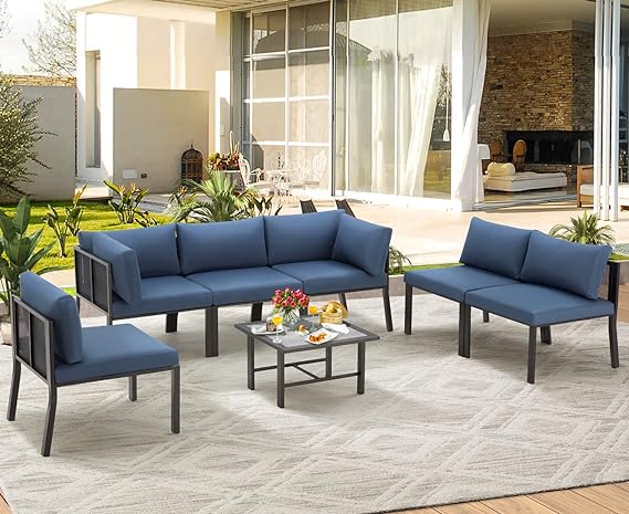 Outdoor Patio Furniture Set, Metal Patio Sectional Conversation Sofa, Black Wrought Iron