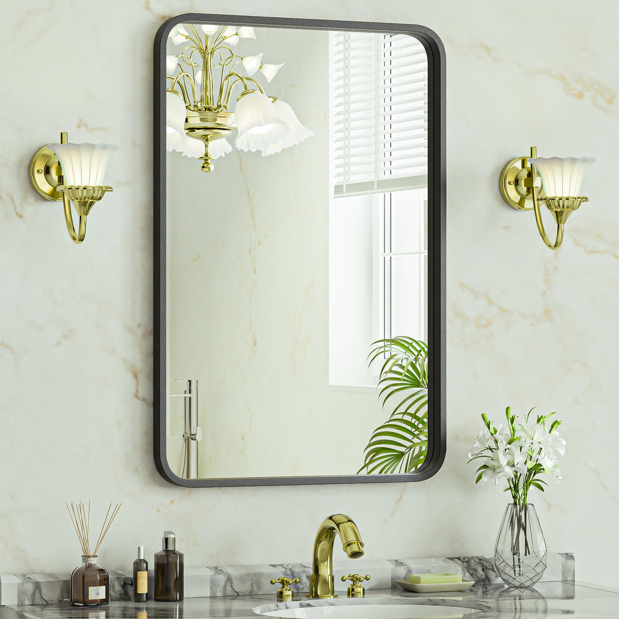 Black Wall Mirror for Bathroom, Wall Mounted Rectangular Entryways Decor