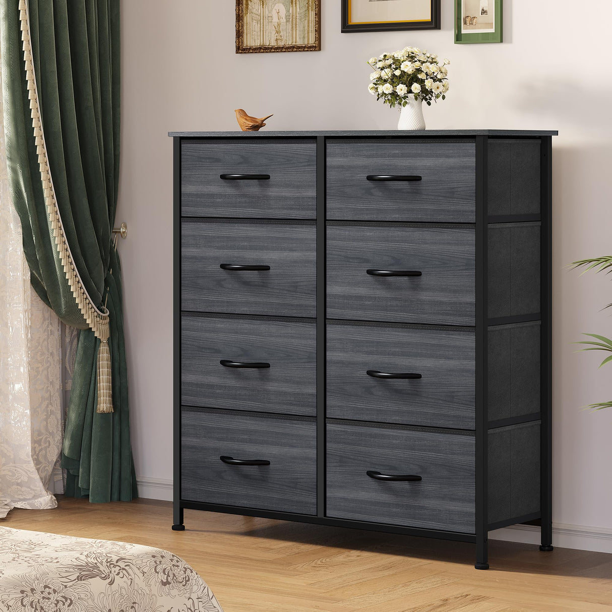Dresser for Bedroom, Tall Dresser with 8 Drawers, Storage Tower with Fabric Bins,