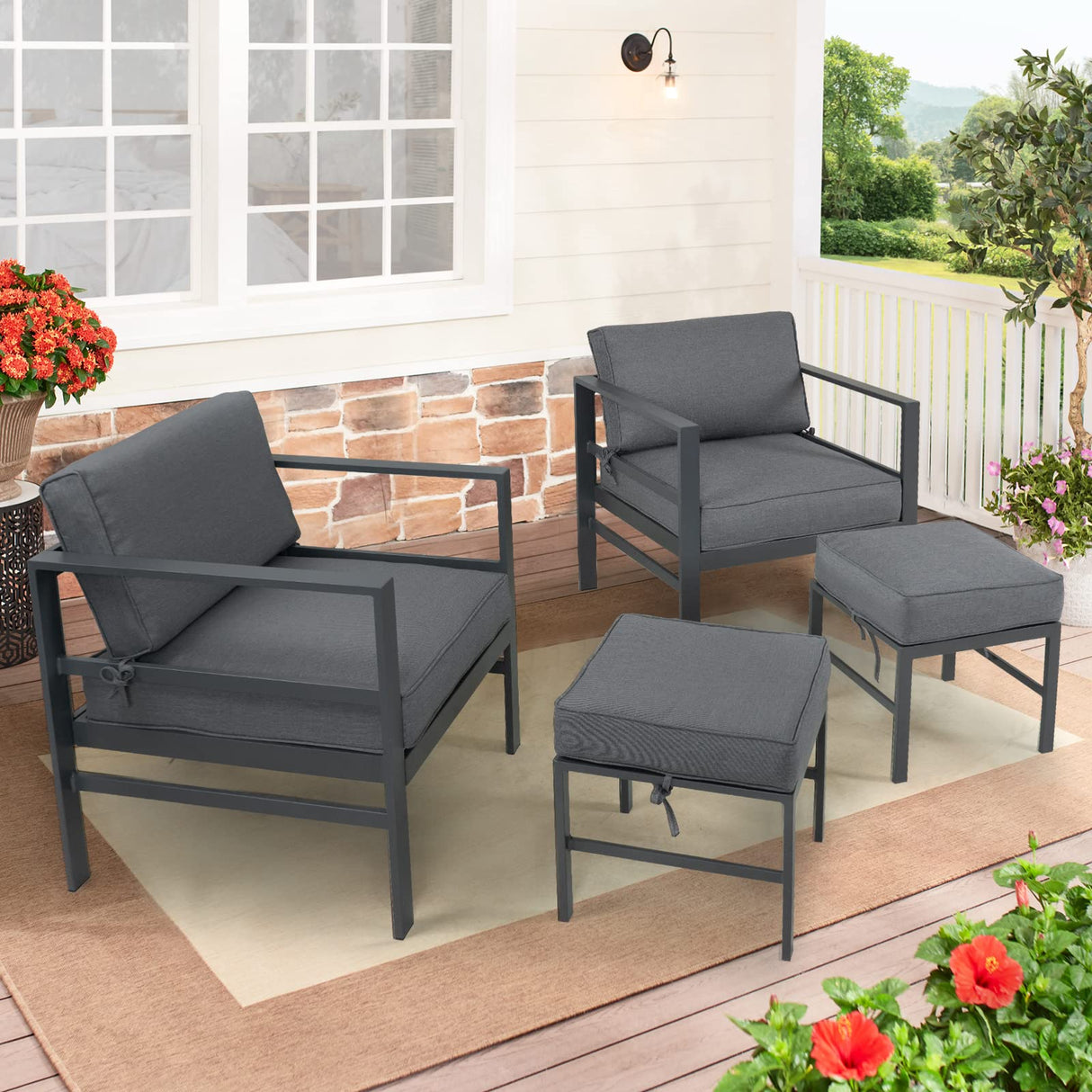 2 Pieces Outdoor Ottomans for Patio, Assembled Aluminum Outdoor Patio Footstool