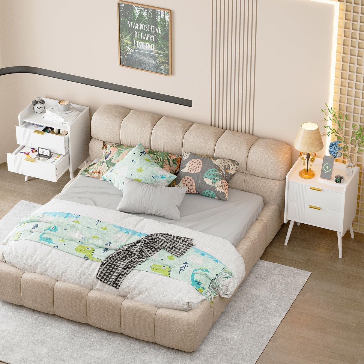 White Nightstand Modern Bedside Table with 2 Storage Drawer, Small Night Stand