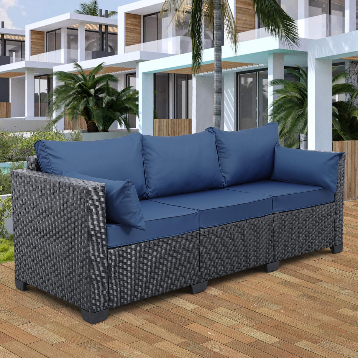 3-Seat Outdoor Rattan Sofa Patio Couch Black PE Wicker Loveseat Seating Furniture