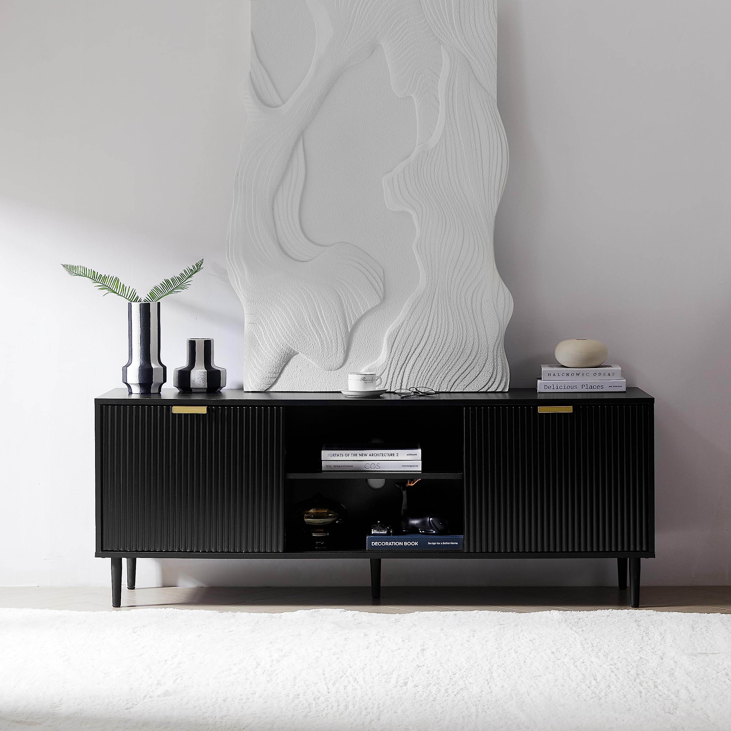 Black TV Stand, Modern TV Consoles for Living Room 65+ Inch TV, Fluted Panel Media