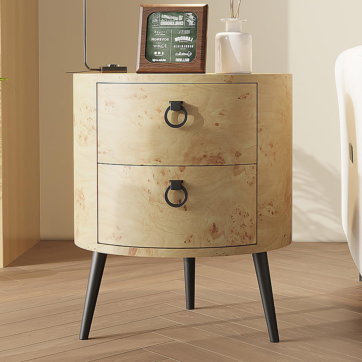 Round Side Table with Drawers Modern Night Stand with Storage Wooden Accent End Table