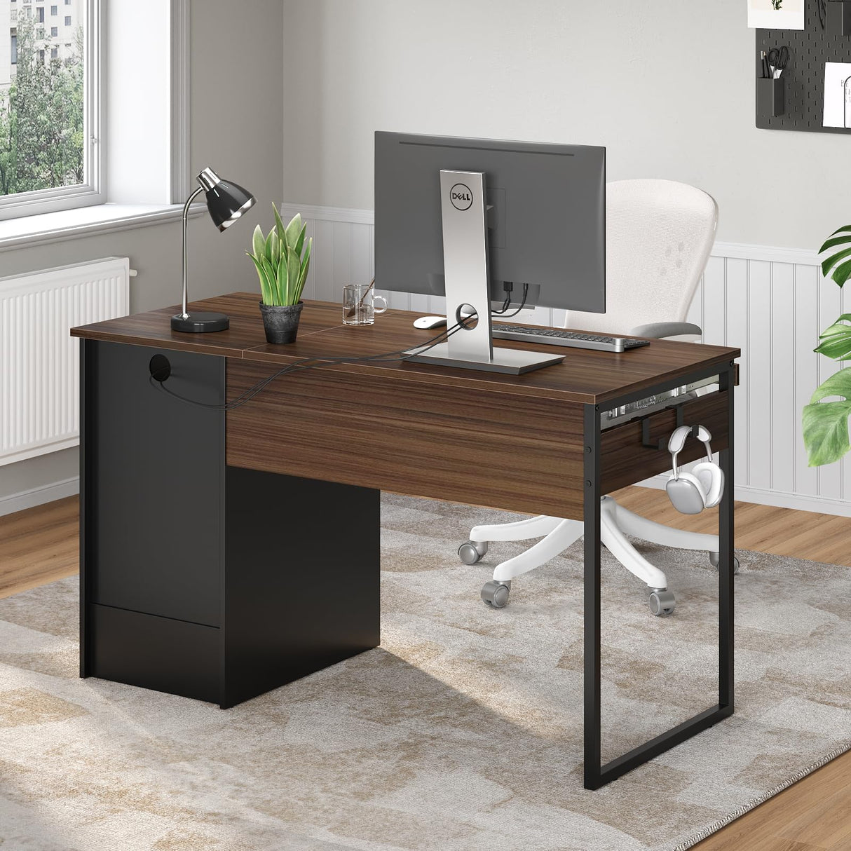 Computer Desk with Drawers, Office Desk with Storage, Industrial Wood Writing Desk