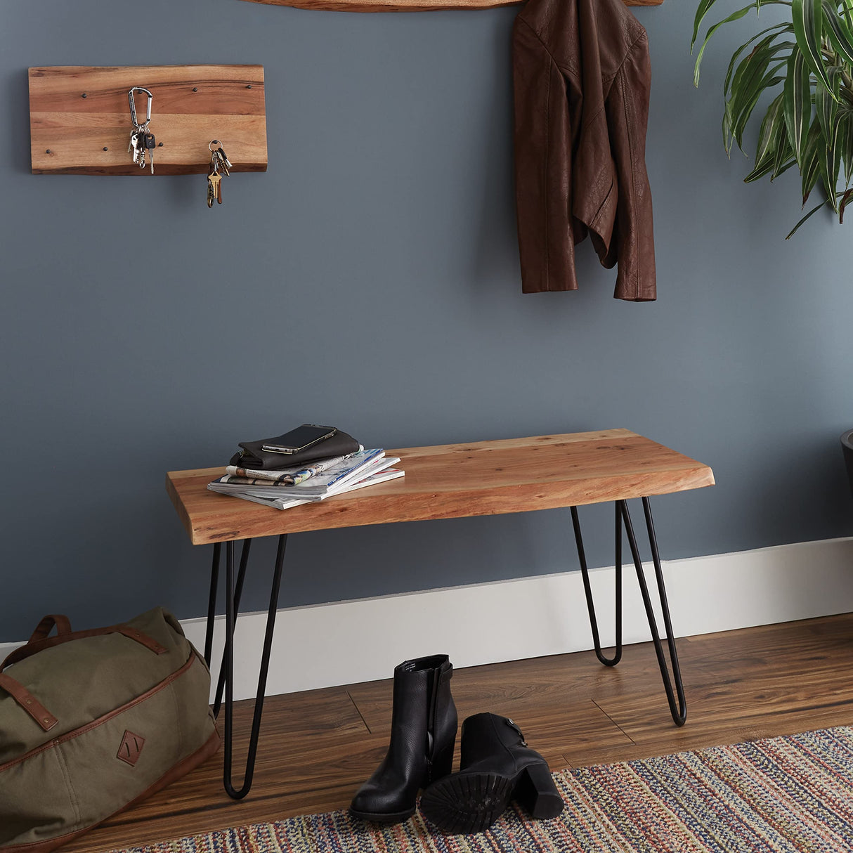 Live Edge Bench, w/Natural Wood and Metal Hairpin Legs