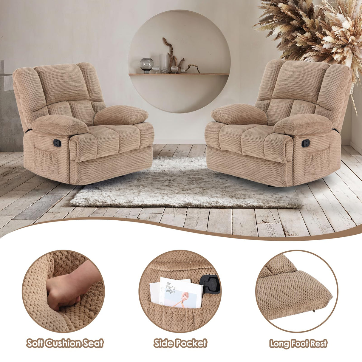 CloudEase Duo Recliner Sofa – 2 Seater Manual Pull Tab Reclining Couch with Soft Fabric for RV
