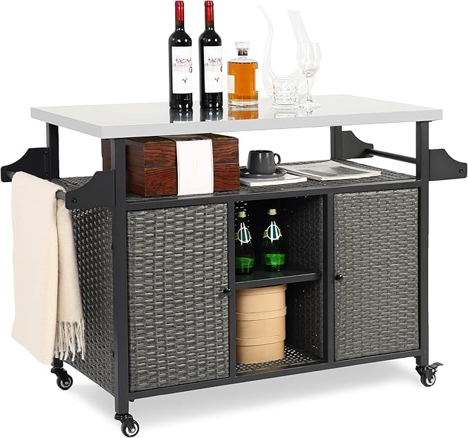 Outdoor Bar Cart Table - Patio Console Storage Cabinet BBQ Grill Carts Buffet with Wheels