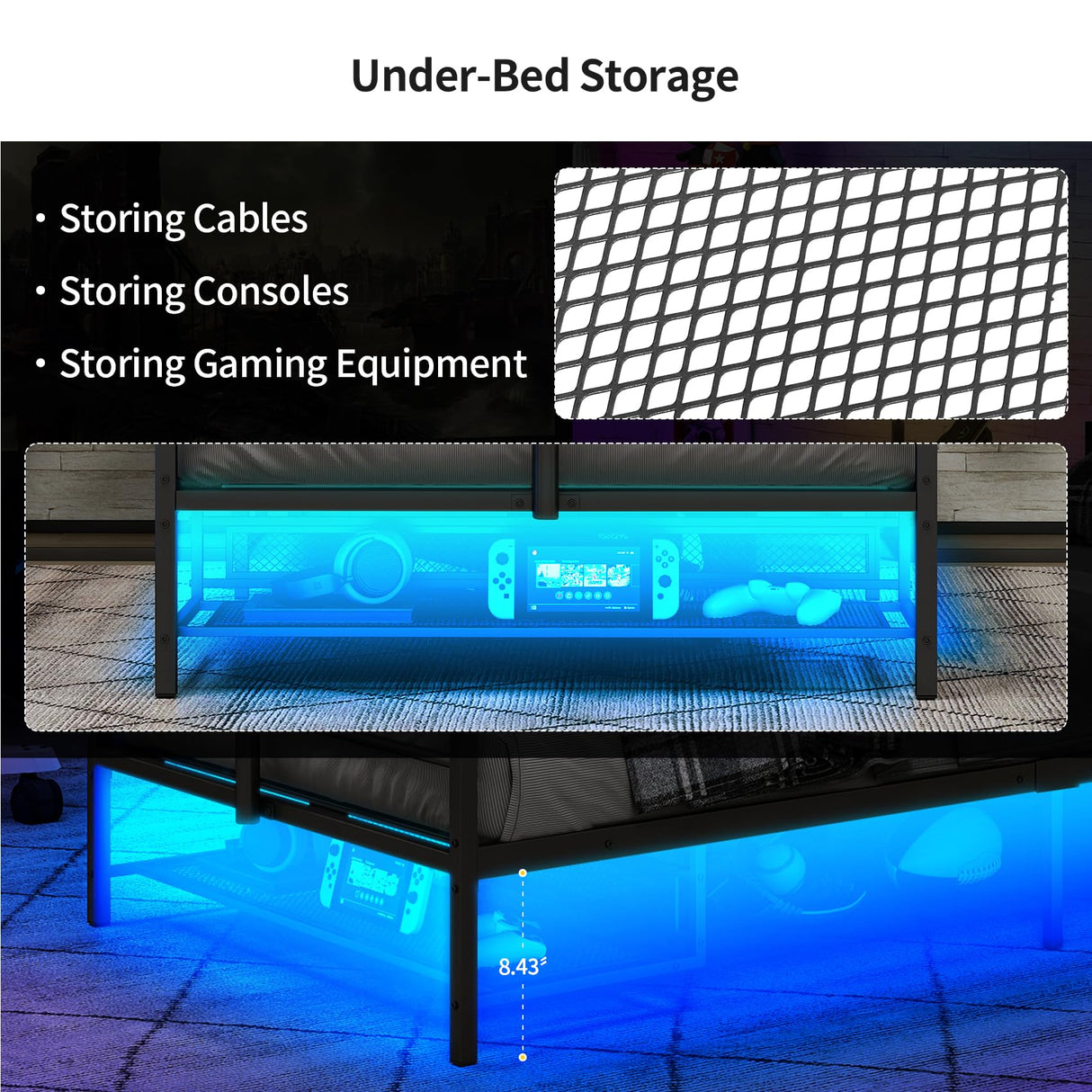 Twin Gaming Bed Frame with LED Lights & Rotating TV Mount