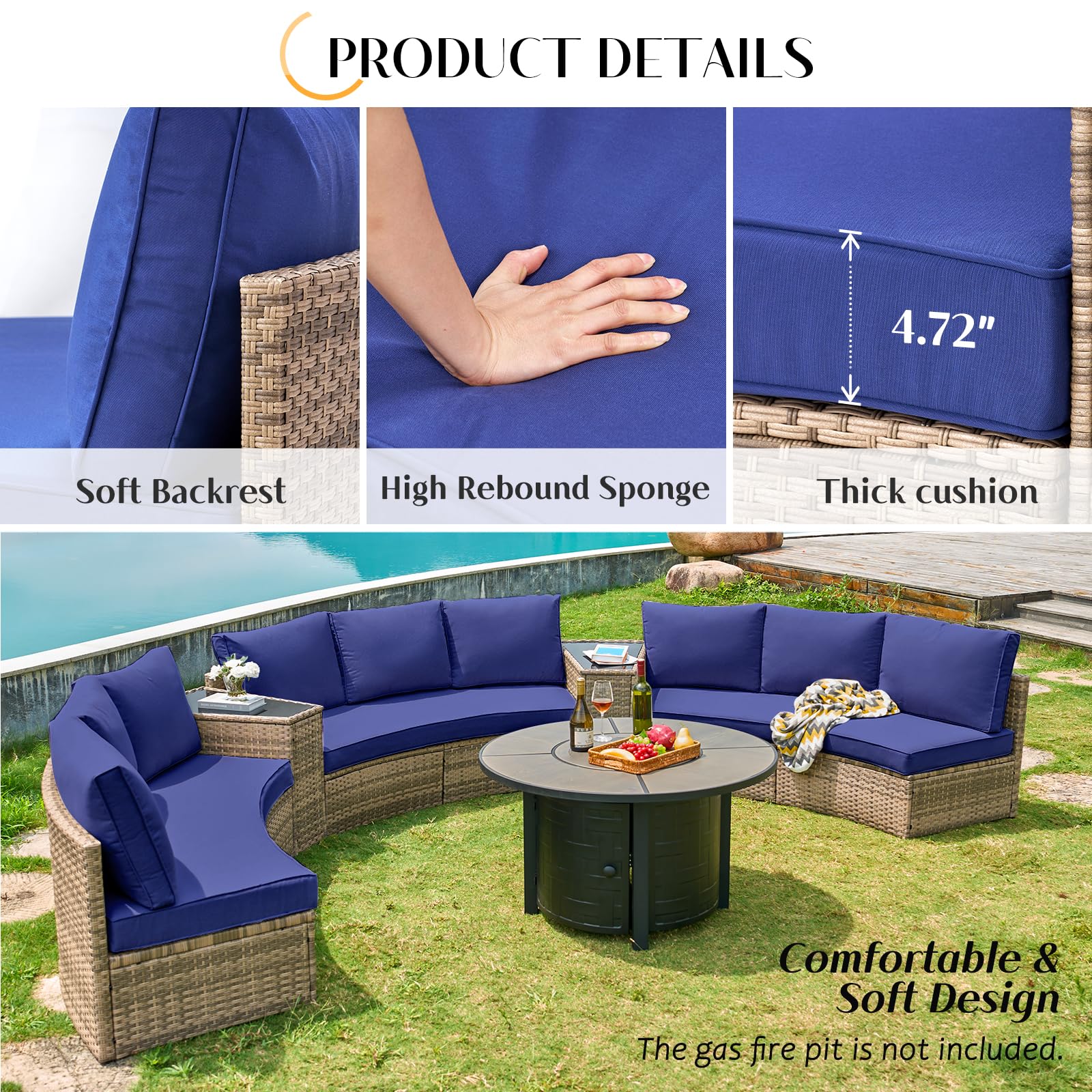 Patio Conversation Set, 11 Piece Half-Moon Sectional Round Patio Furniture Set