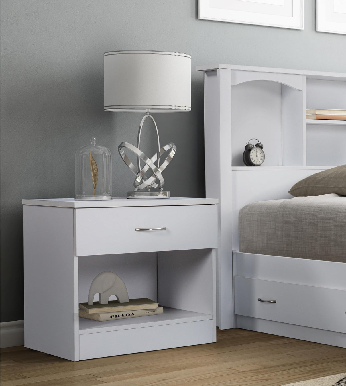 One Drawer Nightstand, Casual White Laminate