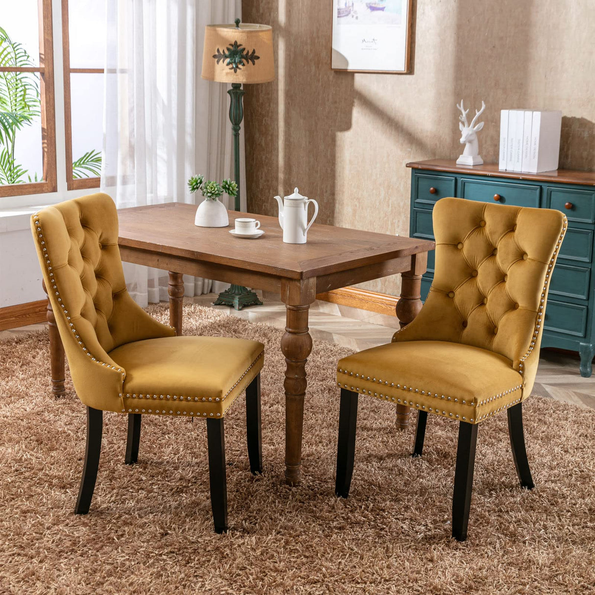 Velvet Tufted Dining Chairs Set of 2 with Nailhead Trim and Gold Legs