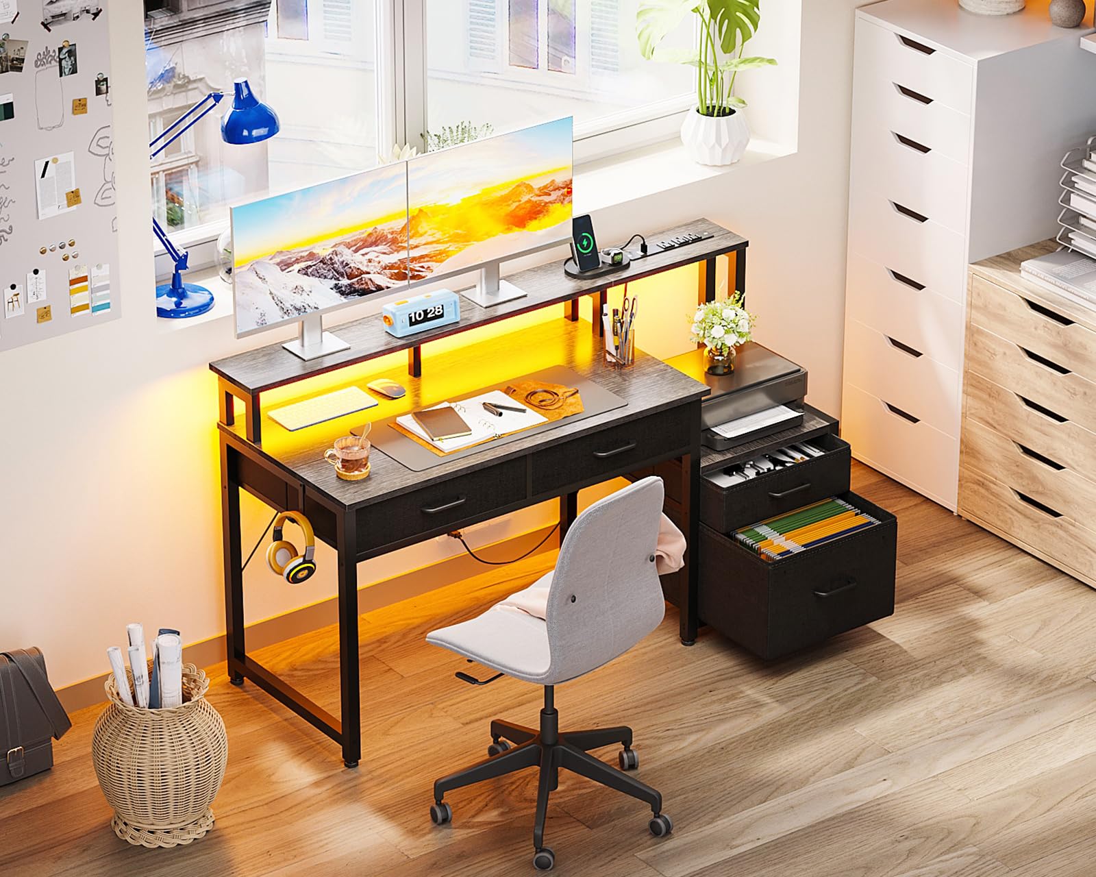 48-Inch Computer Desk with Fabric File Cabinet and Fabric Drawers, Reversible Office Desk