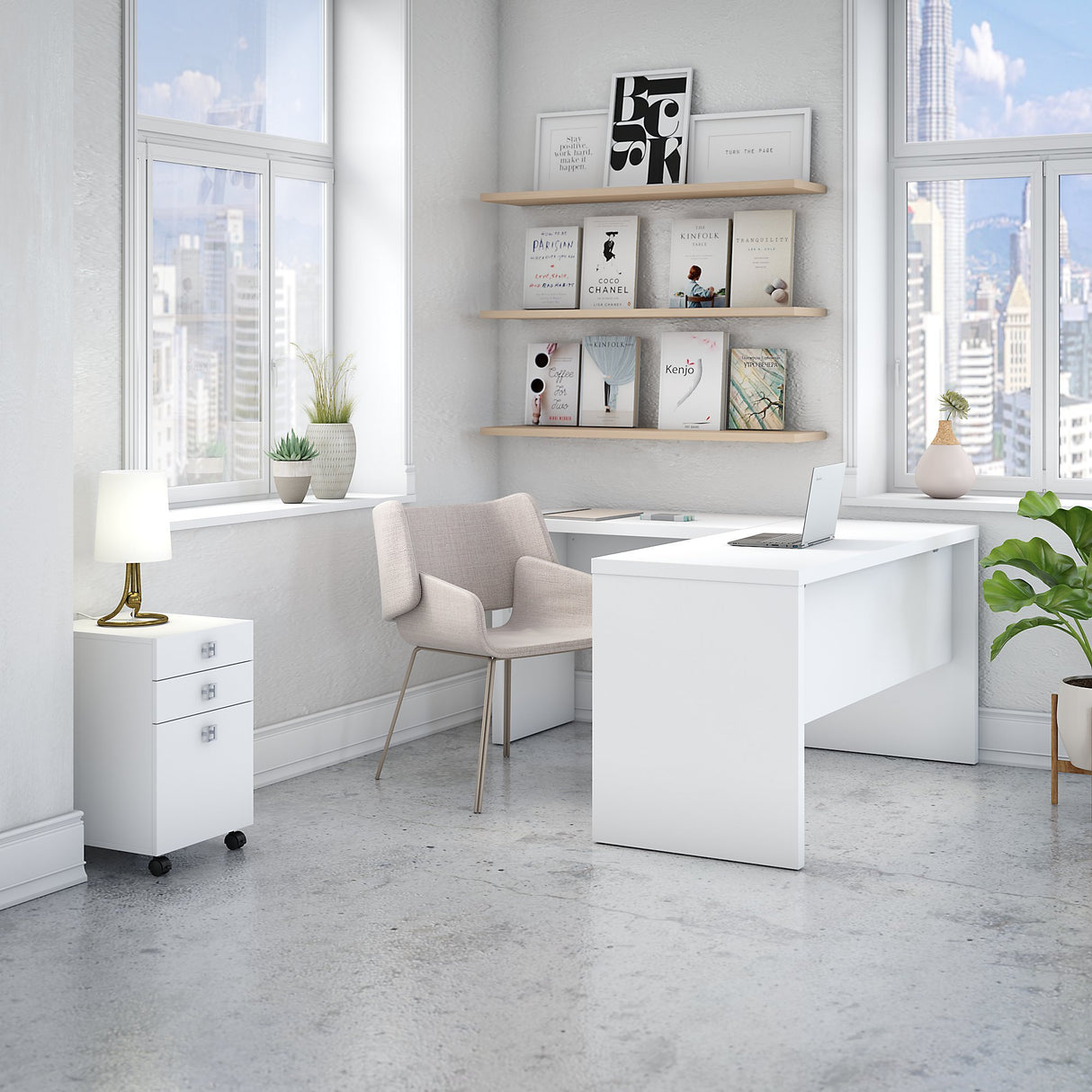 Business Furniture Echo L Shaped Desk with Mobile File Cabinet in Pure White