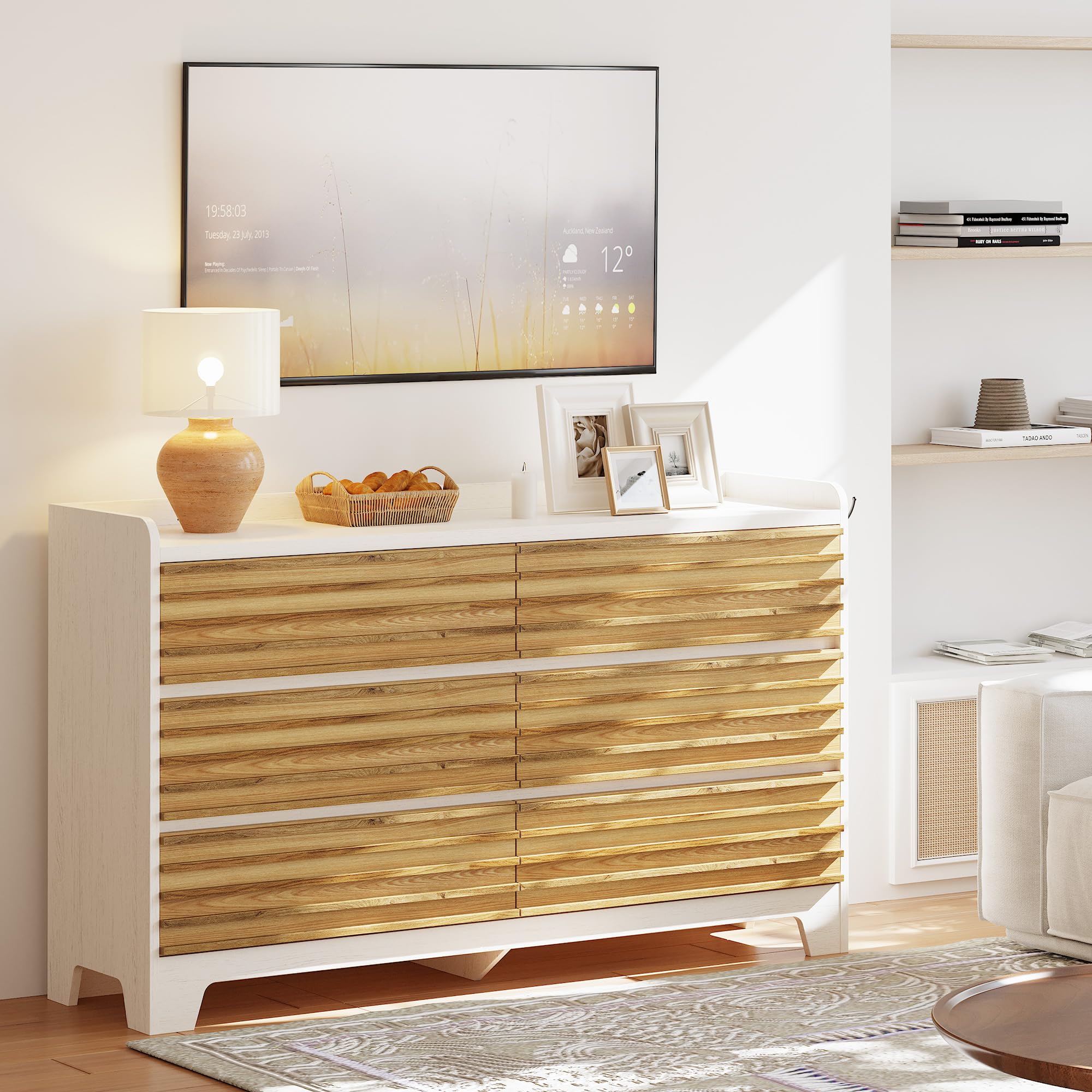 6 Drawer Dresser for Bedroom with 3 Hook, 59" Wide Wood Dresser Chests of Drawers