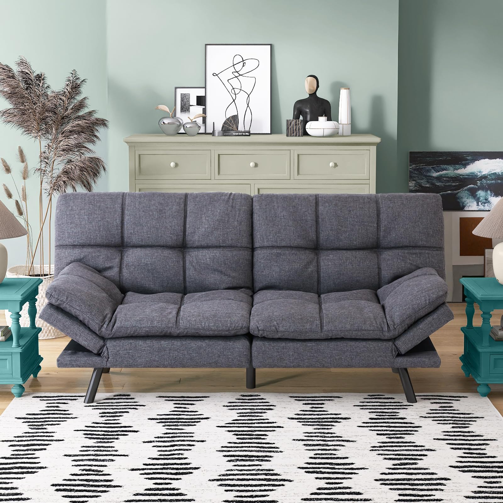 Futon Sofa Bed, Grey Linen Memory Foam Futon Sleeper Sofa