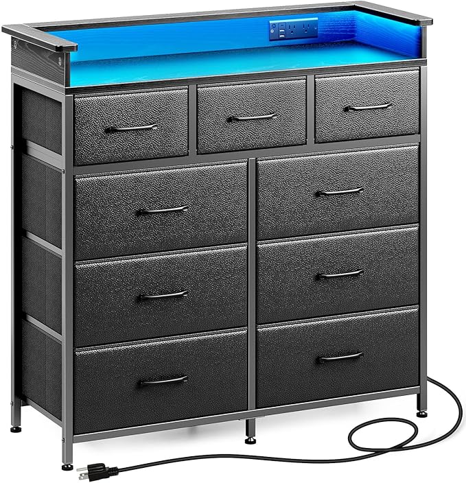 Dresser with LED Lights and Power Outlets, Tall Dresser for Bedroom, 9 Drawers Dresser