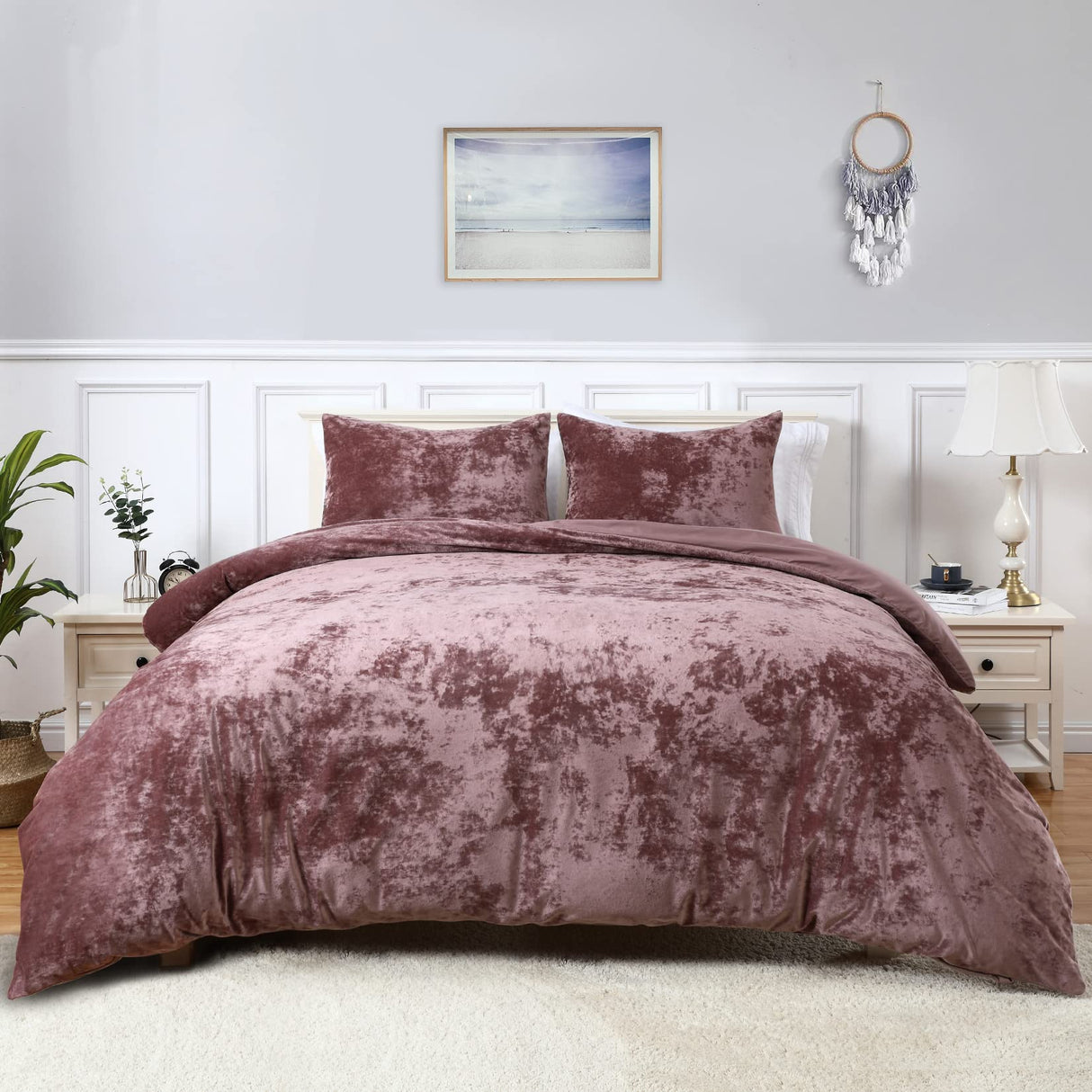 CAROMIO Velvet Duvet Cover Set, Luxurious Breathable Bedding Set with Corner Ties, Lightweight Comforter Cover for All Season, Dusty Pink, Queen(90" X 90")