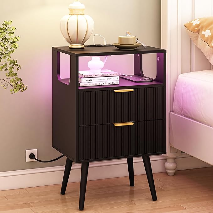 Black Nightstand with Charging Station