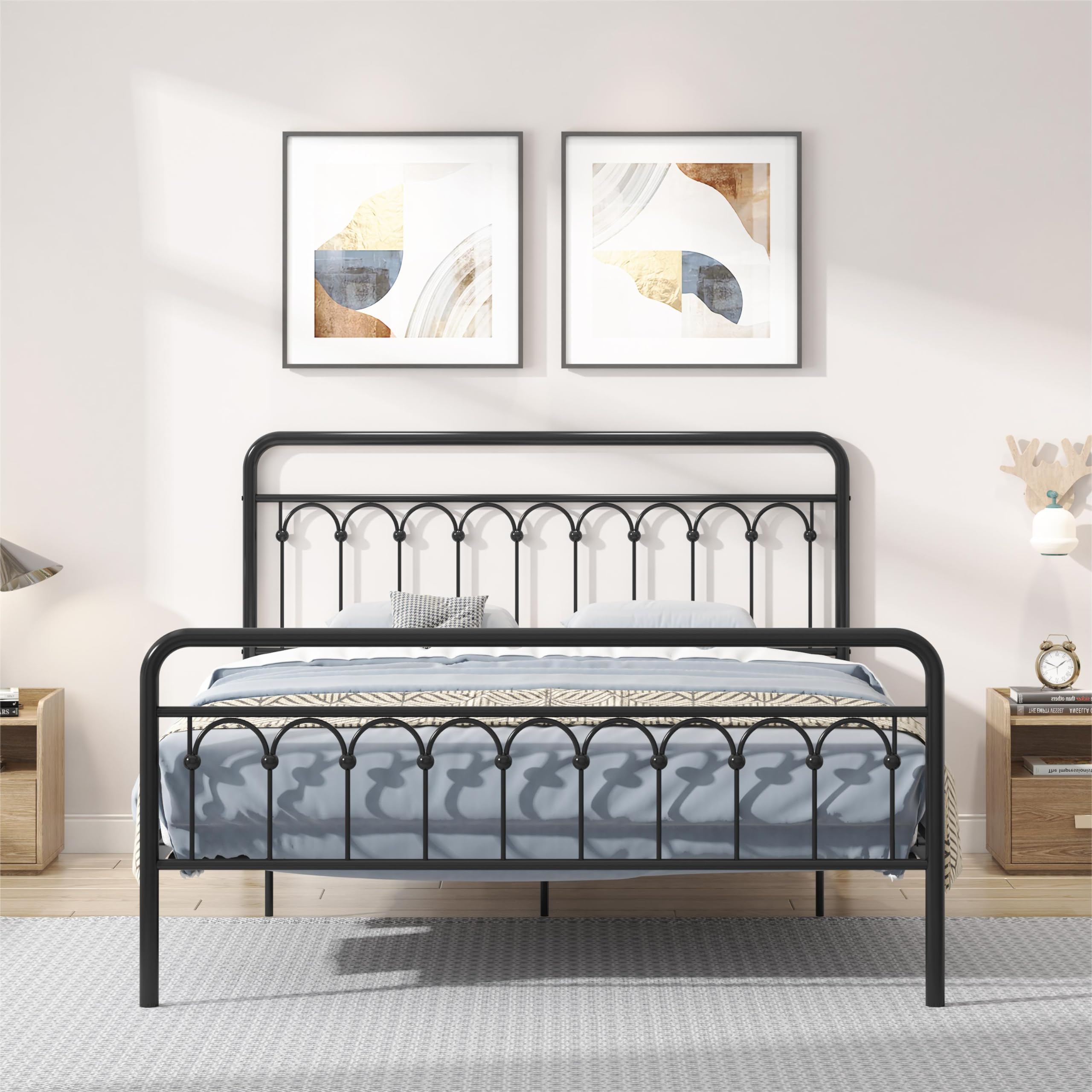 Vintage Queen Metal Bed Frame with Headboard and Footboard Platform
